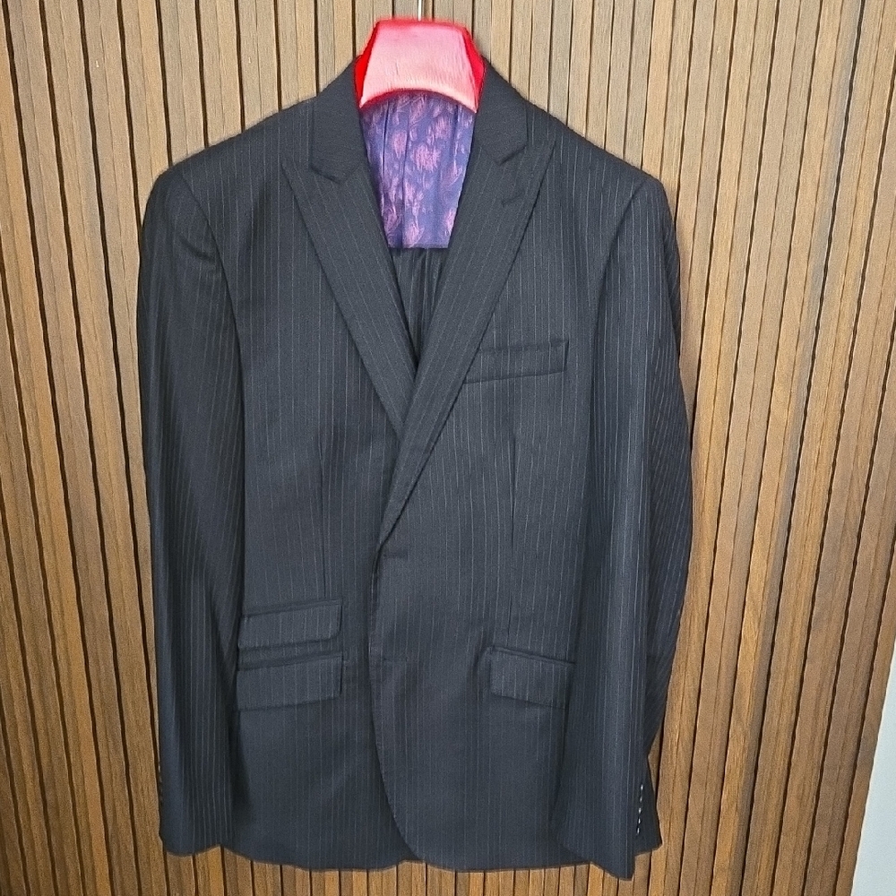English Laundry Black Pinstripe Suit Jacket with Purple Lining